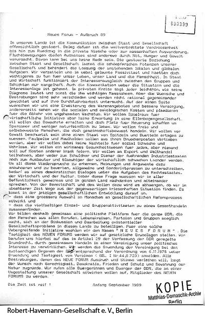 Founding Appeal of the New Forum (September 9, 1989)